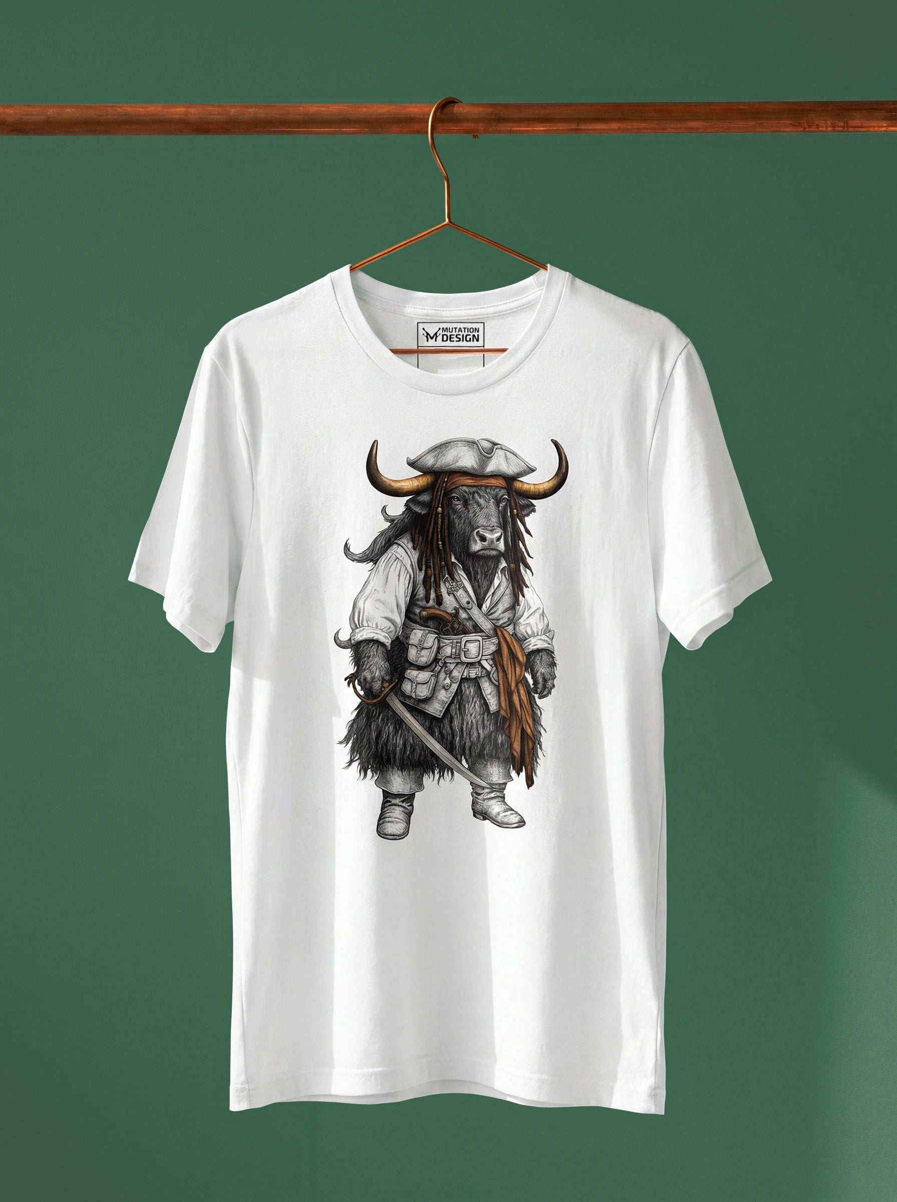 White t-shirt with a graphic design of a warrior on a yak, hanging on a wooden hanger against a green background.