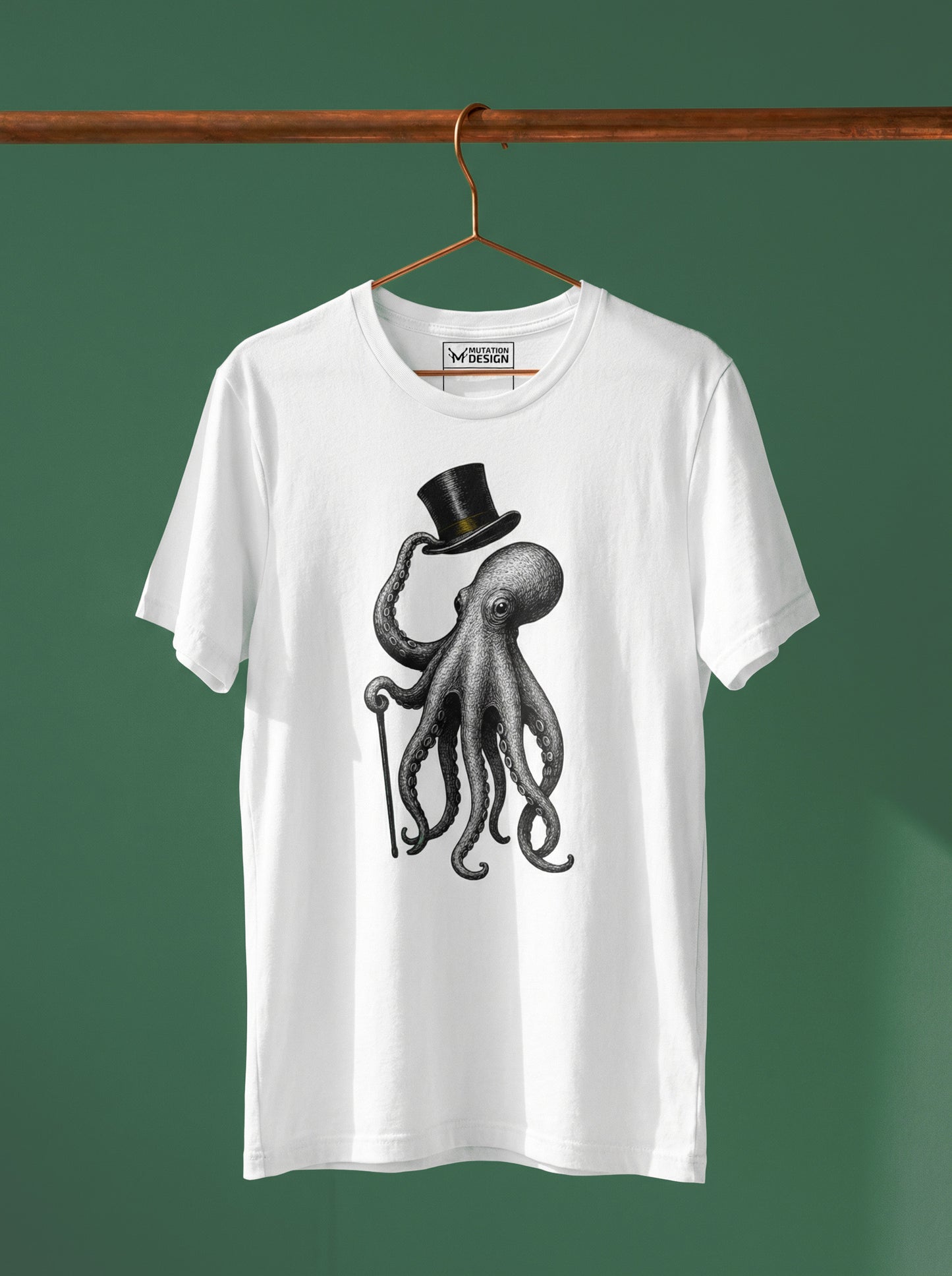 White t-shirt with an octopus wearing a top hat graphic on a hanger against a green background