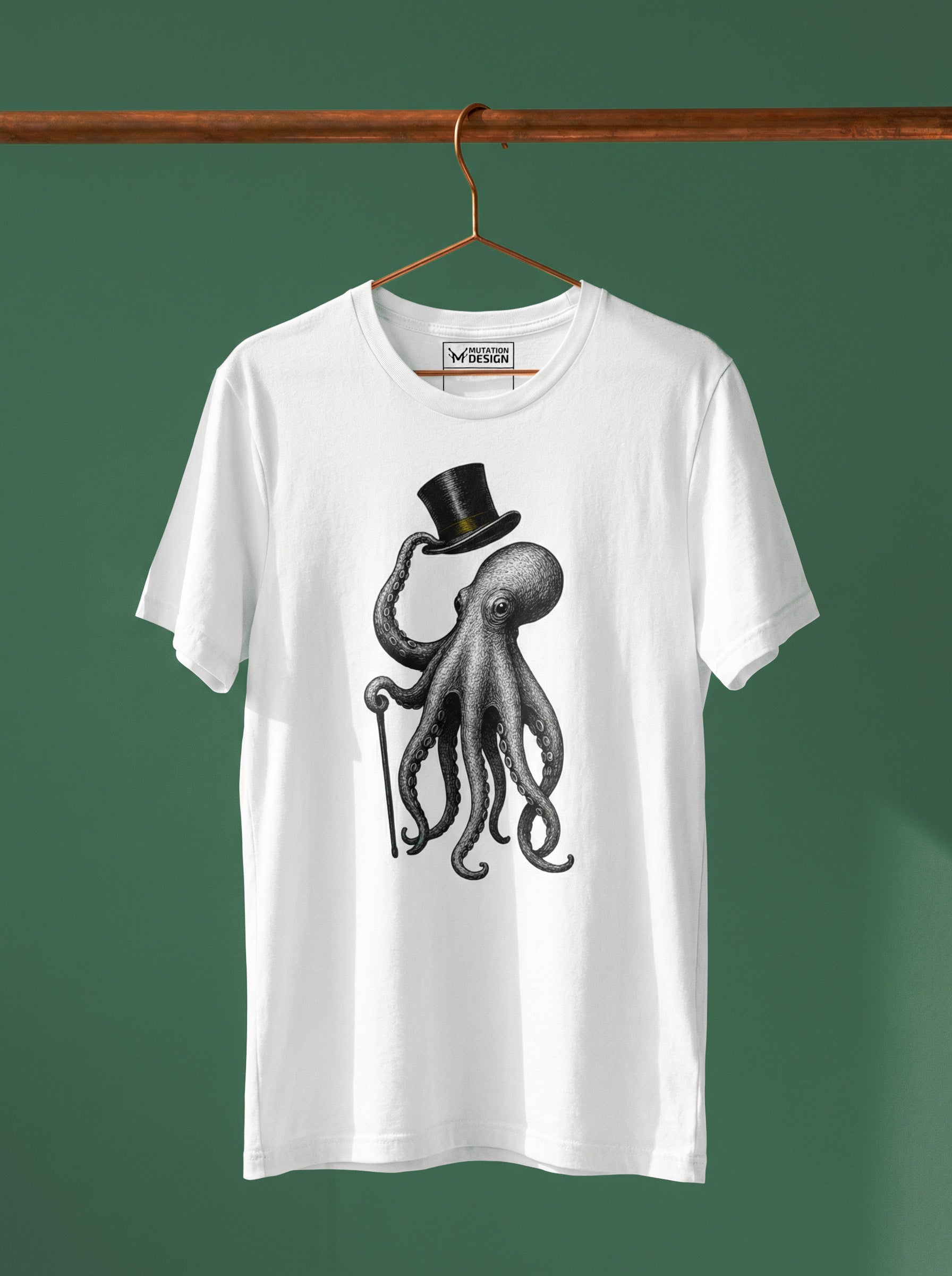 White t-shirt with an octopus wearing a top hat graphic on a hanger against a green background