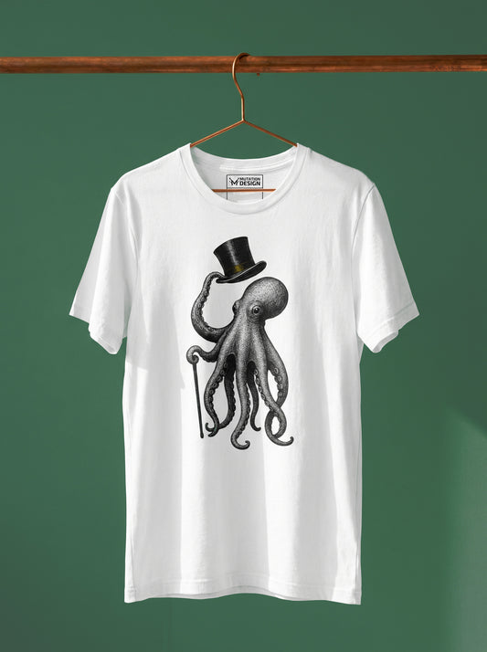 White t-shirt with an octopus wearing a top hat graphic on a hanger against a green background