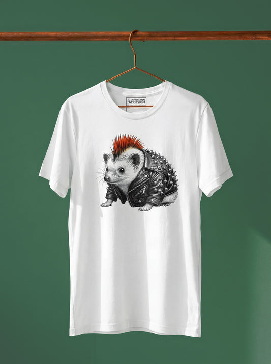 White t-shirt with a hedgehog graphic on a hanger against a green background