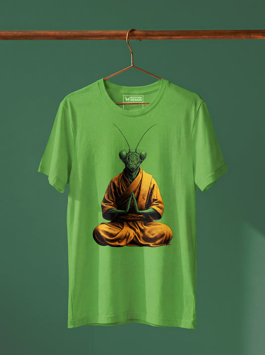 Green t-shirt with a praying mantis in a meditative pose on a hanger against a green background