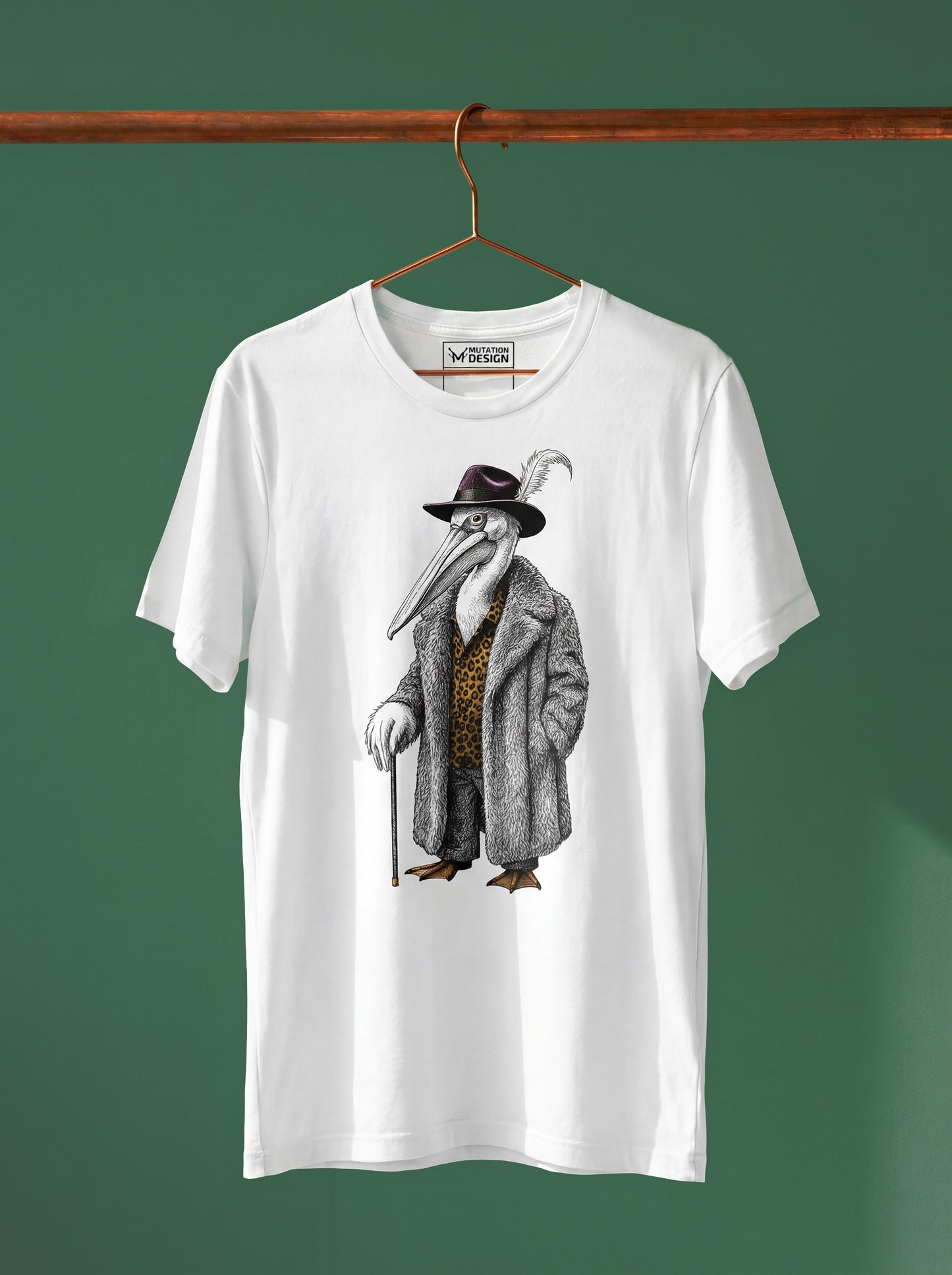 White t-shirt with a graphic design of a pelican in a coat and hat on a hanger against a green background.