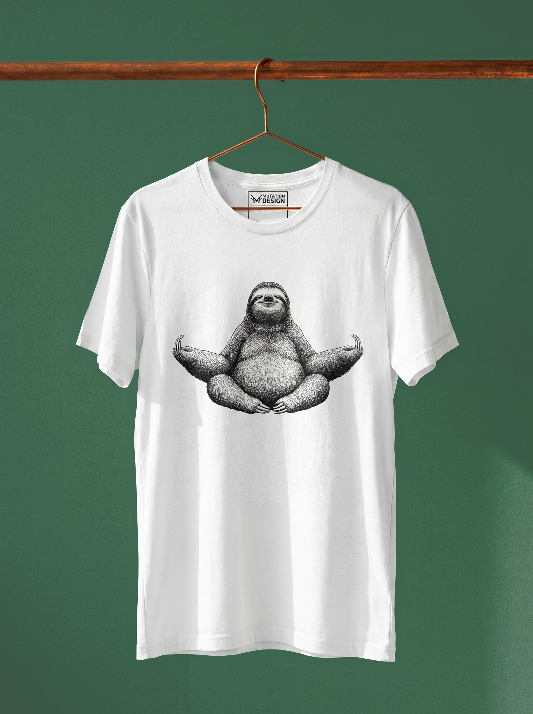 White t-shirt with a sloth graphic on a hanger against a green background