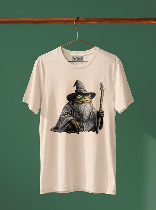T-shirt with a graphic of a character in a wizard hat and robe on a hanger against a green background.